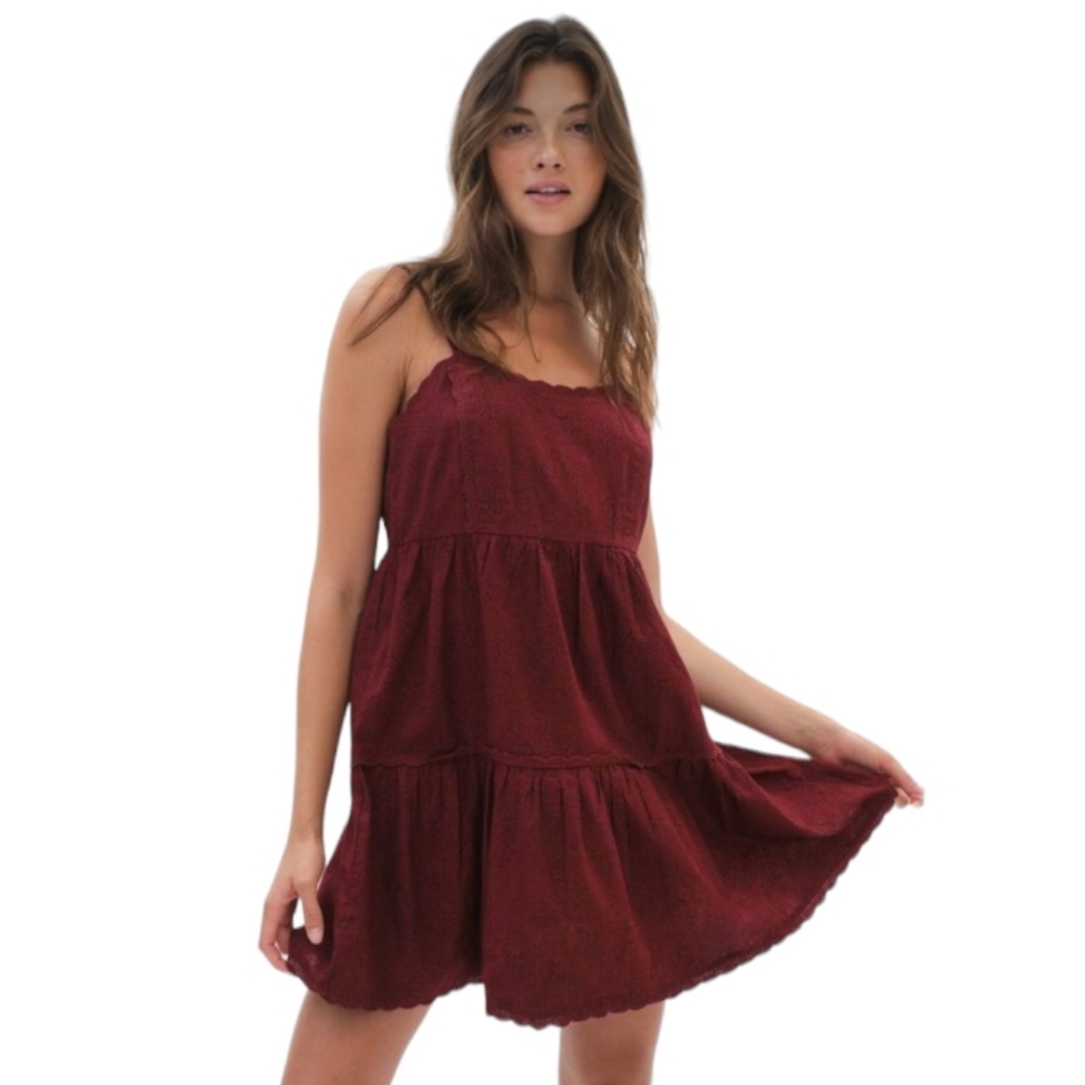 Aeropostale Baby Doll Dress Scalloped Embroidered Trim Maroon Black  Size S